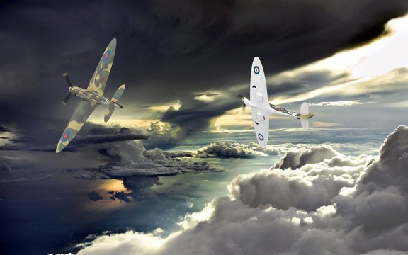3d rendering of two world war two airplanes flying together in the clouds