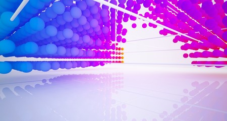 Abstract white and colored gradient  interior multilevel public space from array spheres with window. 3D illustration and rendering.