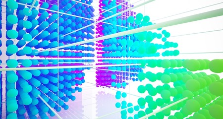 Abstract white and colored gradient  interior multilevel public space from array spheres with window. 3D illustration and rendering.