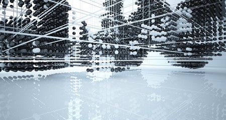 Abstract white and black gradient  interior multilevel public space from array spheres with window. 3D illustration and rendering.