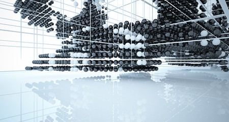 Abstract white and black gradient  interior multilevel public space from array spheres with window. 3D illustration and rendering.