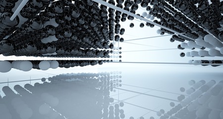 Abstract white and black gradient  interior multilevel public space from array spheres with window. 3D illustration and rendering.