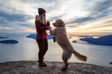 Adventurous Girl Hiking on top of a Mountain with a dog during a colorful sunset. Taken on Tunnel...