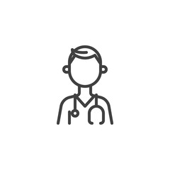 Male doctor character line icon. linear style sign for mobile concept and web design. Doctor with medical stethoscope outline vector icon. Healthcare symbol, logo illustration. Vector graphics