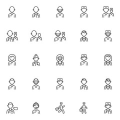 Doctor characters line icons set. linear style symbols collection, outline signs pack. vector graphics. Set includes icons as medical nurse avatar, doctor and patient, surgeon assistant, practitioner