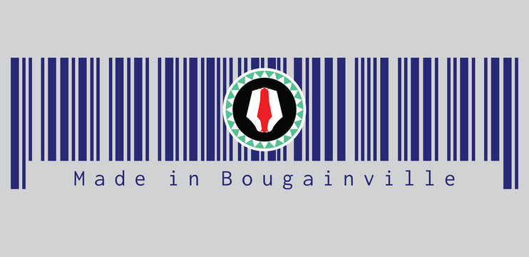 Barcode set the color of Bougainville flag, red and white upe headdress superimposed on a green and white kapkap, on a field of cobalt blue. text: Made in Bougainville.