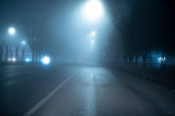 the foogy weather in the city on highway, nobody late in the night