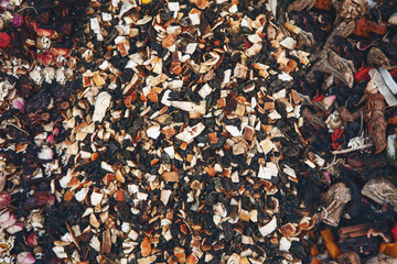 Close up sale of herbal tea with spices at local market or bazaar in Turkey background