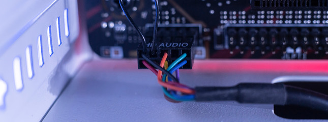 the bunch of wires inside of the powerful gaming computer, commutation and elements connection