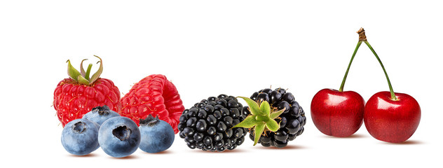 Collage of fresh berries isolated on white background with clipping path