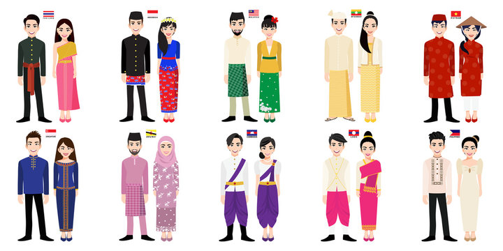 Set of 20 asian men and women cartoon characters in traditional costume with flag vector