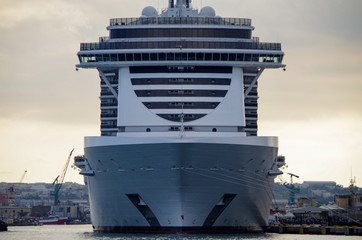 Mega and huge modern Italian MSC cruise ship liner MSC Seaview or Seaside frontal in port