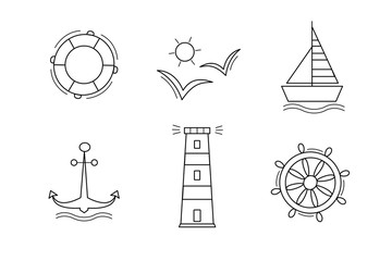 Set of sea icons vectors the contours of the black outline. Isolated on white. Anchor Ship Wheel Seagull lighthouse and a lifeline.