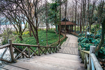 The beautiful landscape scenery of Xihu West Lake and pavilion in Winter at Hangzhou CHINA.