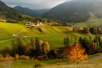 Nice view around Val di Funes  with beautiful nature landscape in Dolomites . The mountain range in northern part of Italian Alps during autumn , Dolomites ,  South Tyrol and Trentino in Italy
