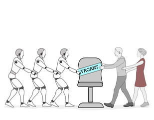 man is fighting a robot for a vacant workplace. competition of the robot and man. vector illustration.