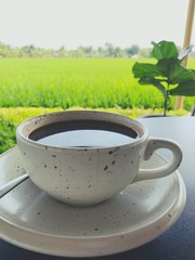 coffee in the morning, cup of cappuccino on wood table in cafe or coffeeshop.