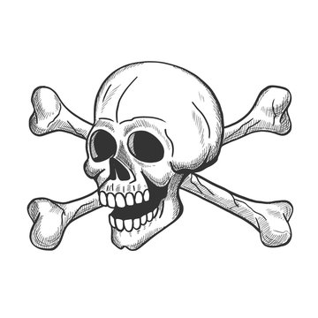 Skull and crossbones sketch of death danger symbol. Evil pirate flag with human skeleton head isolated icon for tattoo, Halloween character or piracy themes design