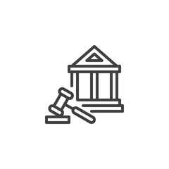 Courthouse building and judge gavel line icon. linear style sign for mobile concept and web design. Justice court building outline vector icon. Symbol, logo illustration. Vector graphics