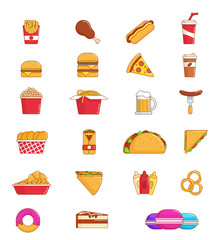 Fast food thin line icon set of junk snack. Hamburger, pizza and hot dog, meat sandwich, donut and chicken, coffee, soda, french fries, cheeseburger, cake and chinese noodle, taco, popcorn and nacho