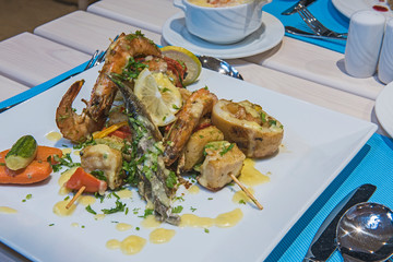 Seafood meal setting in a la carte restaurant
