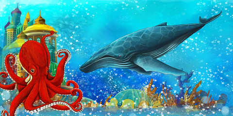 Obraz na płótnie Canvas cartoon scene with octopus and whale near the coral reef illustration for children