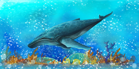 cartoon scene with fishes in the beautiful underwater kingdom coral reef - illustration for children