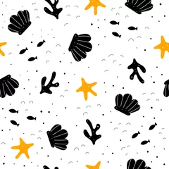 Gordijnen Naadloze patroon met cartoon schelpen, vissen, zeester, decorelementen. vlakke stijlvector. Hand tekenen voor kinderen. zeewereld. babyontwerp voor stof, textiel, print, wikkel © Ann1988