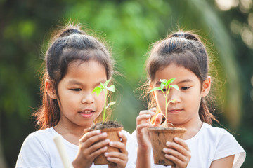 Two asian child girls holding young tree for planting in recycled fiber pots together in the garden with fun