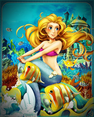 Plakat cartoon scene with mermaid princess sitting on big shell in underwater kingdom with fishes - illustration for children