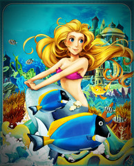 Obraz na płótnie Canvas cartoon scene with mermaid princess sitting on big shell in underwater kingdom with fishes - illustration for children