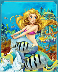 Obraz na płótnie Canvas cartoon scene with mermaid princess sitting on big shell in underwater kingdom with fishes - illustration for children