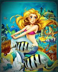 cartoon scene with mermaid princess sitting on big shell in underwater kingdom with fishes - illustration for children