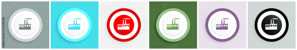 Poster factory icon, industrial building, plant, pollution vector illustrations in 6 colors options for web