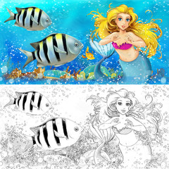 Obraz na płótnie Canvas cartoon scene with mermaid princess sitting on big shell in underwater kingdom with fishes with coloring page - illustration for children