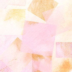 Gold, orange, pink paper from squares of watercolor stains. Watercolor brush strokes background for greeting card and invitation design.