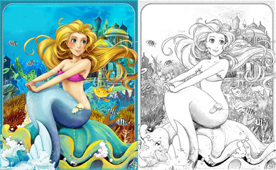 Fototapeta na wymiar cartoon scene with mermaid princess sitting on big shell in underwater kingdom with fishes with coloring page - illustration for children