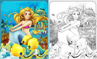 Fototapeta na wymiar cartoon scene with mermaid princess sitting on big shell in underwater kingdom with fishes with coloring page - illustration for children