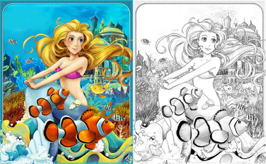 cartoon scene with mermaid princess sitting on big shell in underwater kingdom with fishes with coloring page - illustration for children