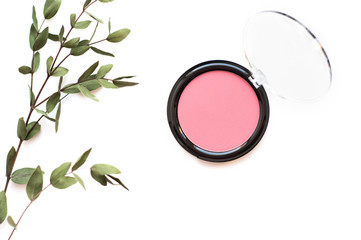 Pink blush on a white background and a green twig. Beauty and nature.