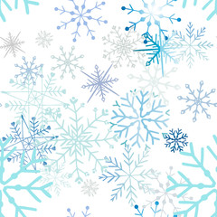 Fototapeta na wymiar Celebrate freezing snowflakes background. Christmas print fabric wonderful wrapping surface pattern design. Blue snowflakes on light background.
