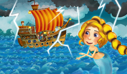 Cartoon scene with old ship sailing during storm with mermaid watching - illustration for the children