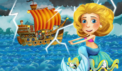 Naklejka premium Cartoon scene with old ship sailing during storm with mermaid watching - illustration for the children