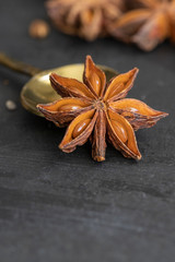 Natural anise star spice on dark concrete background. Close up