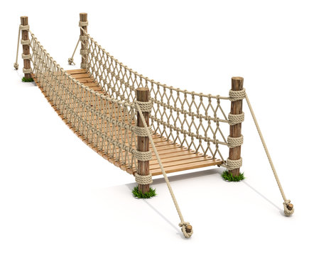 Fototapeta Rope suspension bridge on white background - 3D illustration