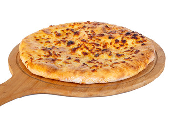Georgian traditional food khachapuri on a wooden dish on white background.