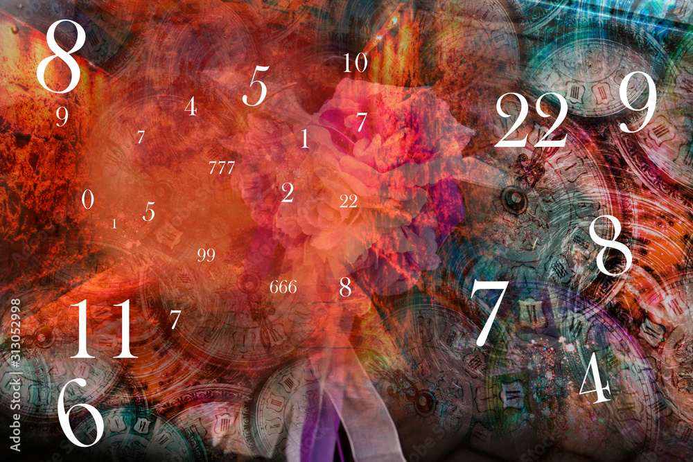 Wall mural various numbers on the background of the clock and fire