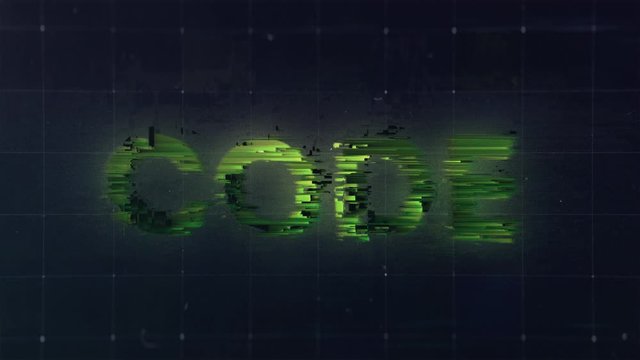 Massive bold glitchy Code text. Bugs in code. Noisy pixels defects on coding with a grunge technology style and data driven background. Visually displaying problems in Object-oriented programming, OOP