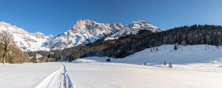 Sunny winter landscape in the nature: Mountain range, footpath, snowy trees, sunshine and blue sky