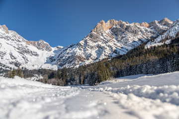 Fototapeta na wymiar Sunny winter landscape in the nature: Mountain range, footpath, snowy trees, sunshine and blue sky